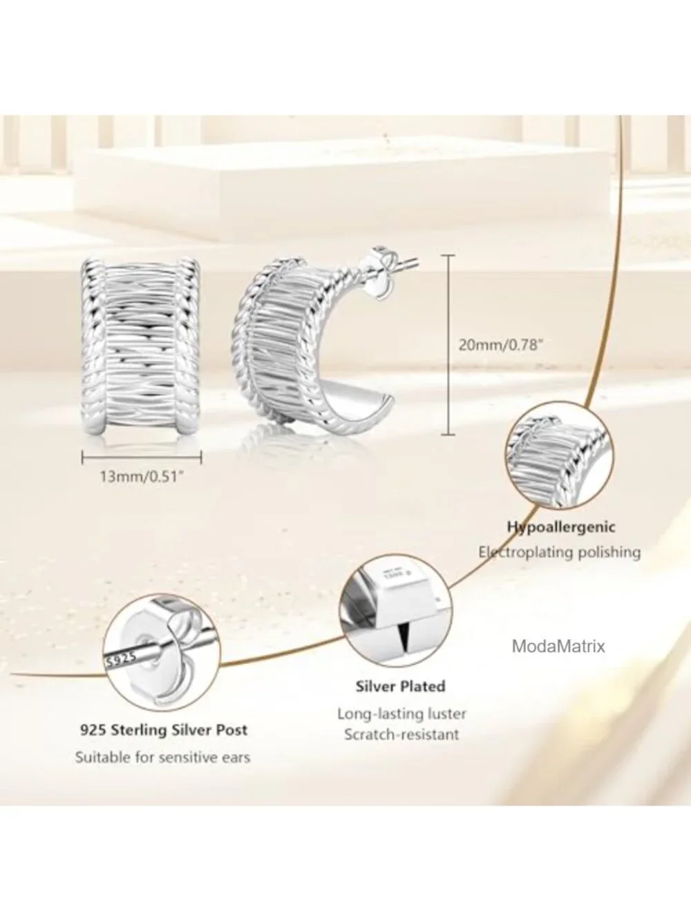 Chunky Twisted Hoop Earrings for Women - Hypoallergenic Silver Plated Brass